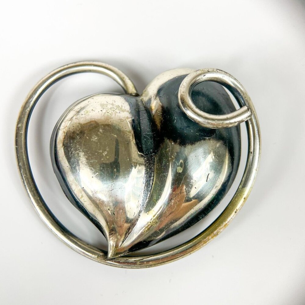 Vintage Silver tone Abstract Heart Leaf Brooch Pin Swirl Modernist